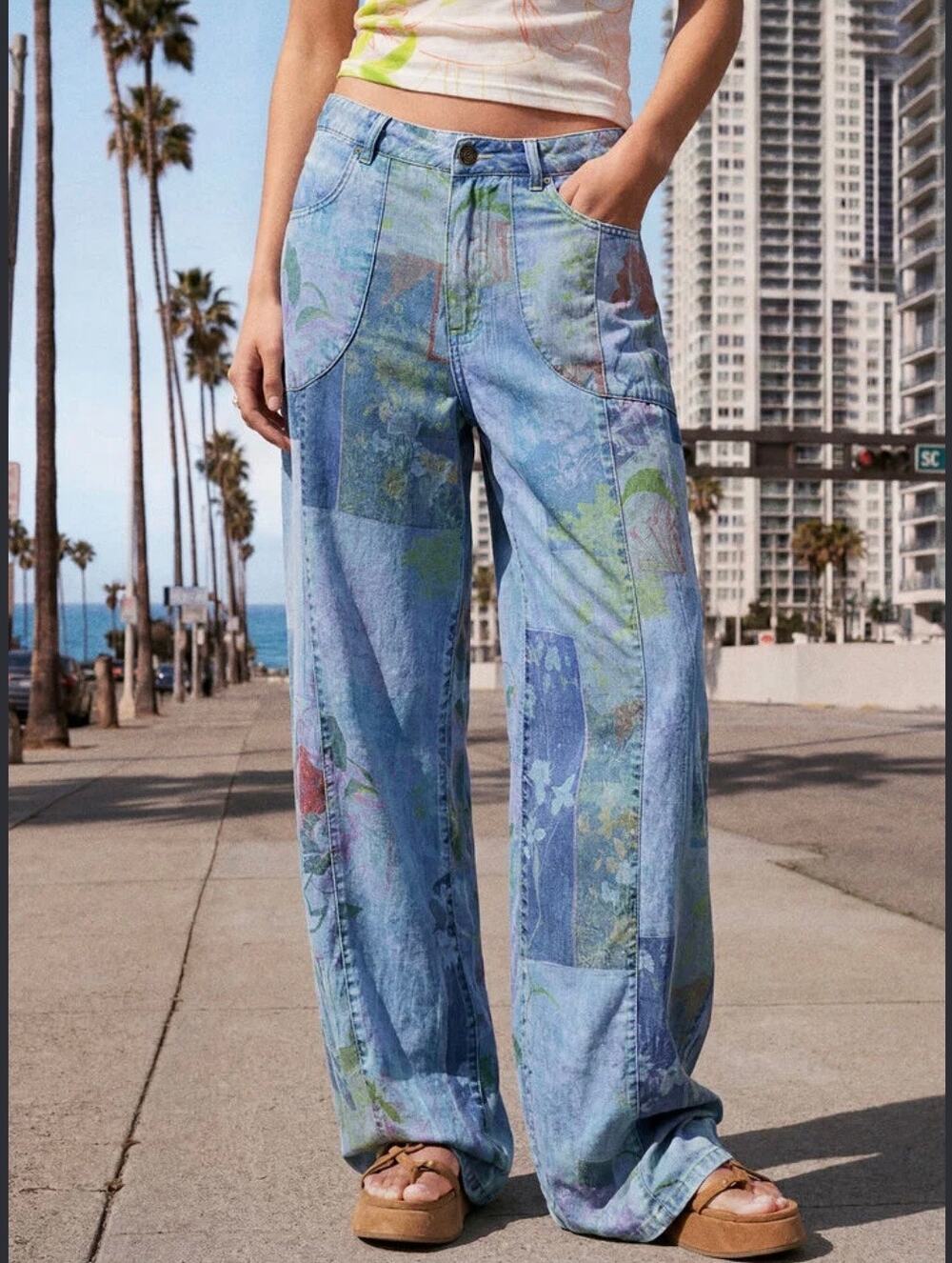 Desigual Mixed Print Tencel Denim Pants - New with Tags!